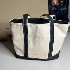 L.L.Bean Tote Bag Womens Large Beige Boat And Tote Canvas Zip USA Monogram Catie